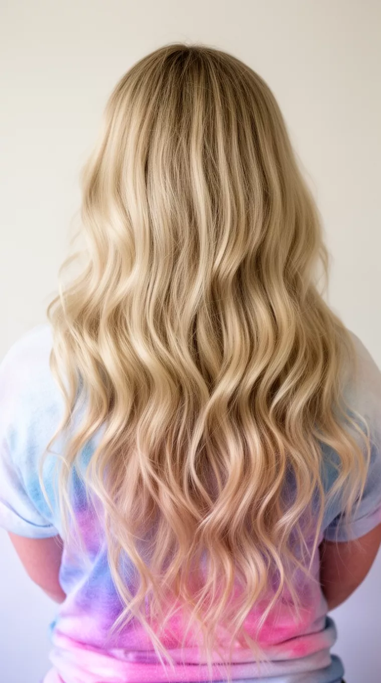 Hidden Rainbow Pastel casual photo of a 27-year-old woman wearing a light colored top with a rainbow pink blue and purple undertone blonde colored very long wavy hairstyle, back view, minimal background.