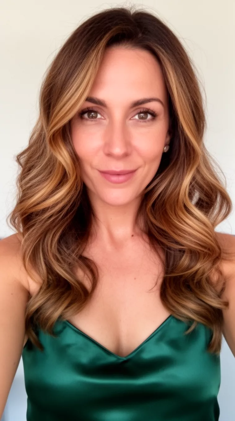 Caramel Glazed Brunette selfie of a 34-year-old woman wearing a dark green satin camisole top with a caramel highlighted brown colored long wavy hairstyle, front view, minimal background.