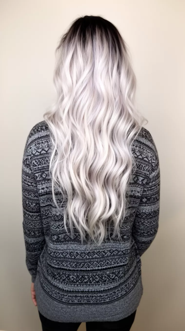 Platinum Shadow Root casual photo of a 29-year-old woman wearing a gray patterned sweater with a platinum blonde with dark roots colored very long wavy hairstyle, back view, minimal background.