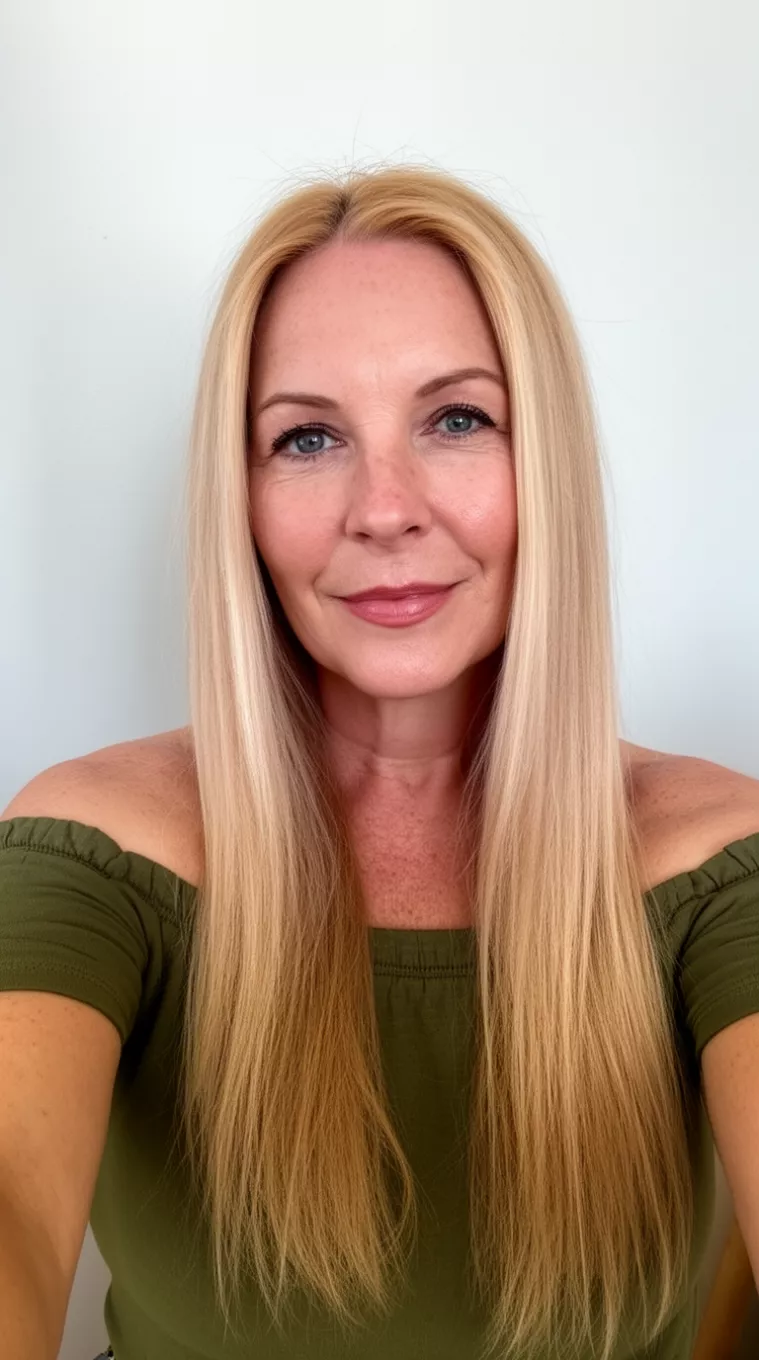 Strawberry Blonde Shimmer selfie of a 40-year-old woman wearing an olive green off the shoulder top with a strawberry blonde colored long straight hairstyle, front view, minimal background.