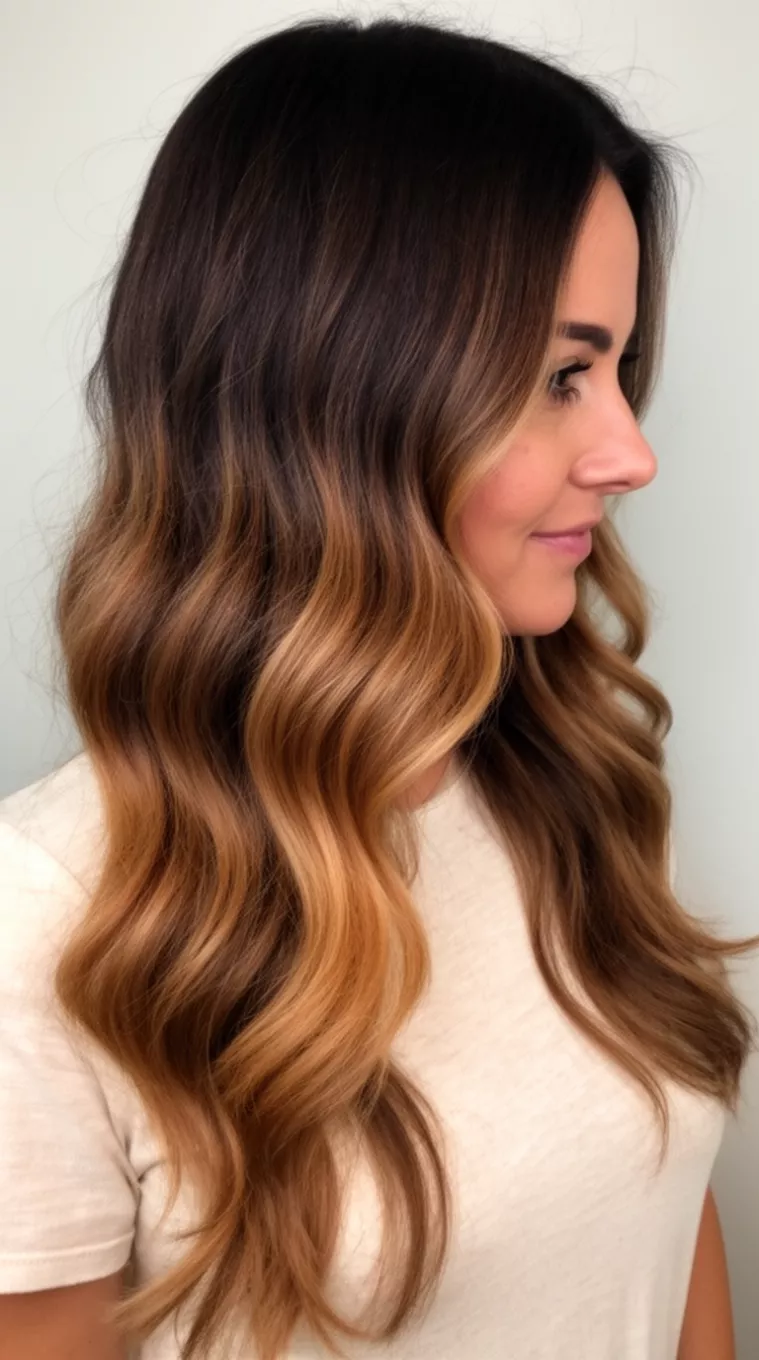 Honeyed Balayage Blend casual photo of a 38-year-old woman wearing a light colored top with a caramel balayage dark brown colored long wavy hairstyle, side view, minimal background.