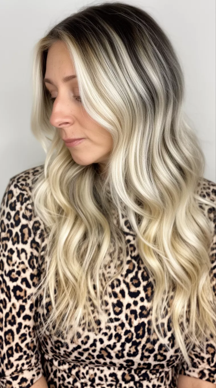 Leopard Blonde Contrast casual photo of a 30-year-old woman wearing a leopard print top with a bright blonde highlights with dark roots colored long wavy hairstyle, side view, minimal background.