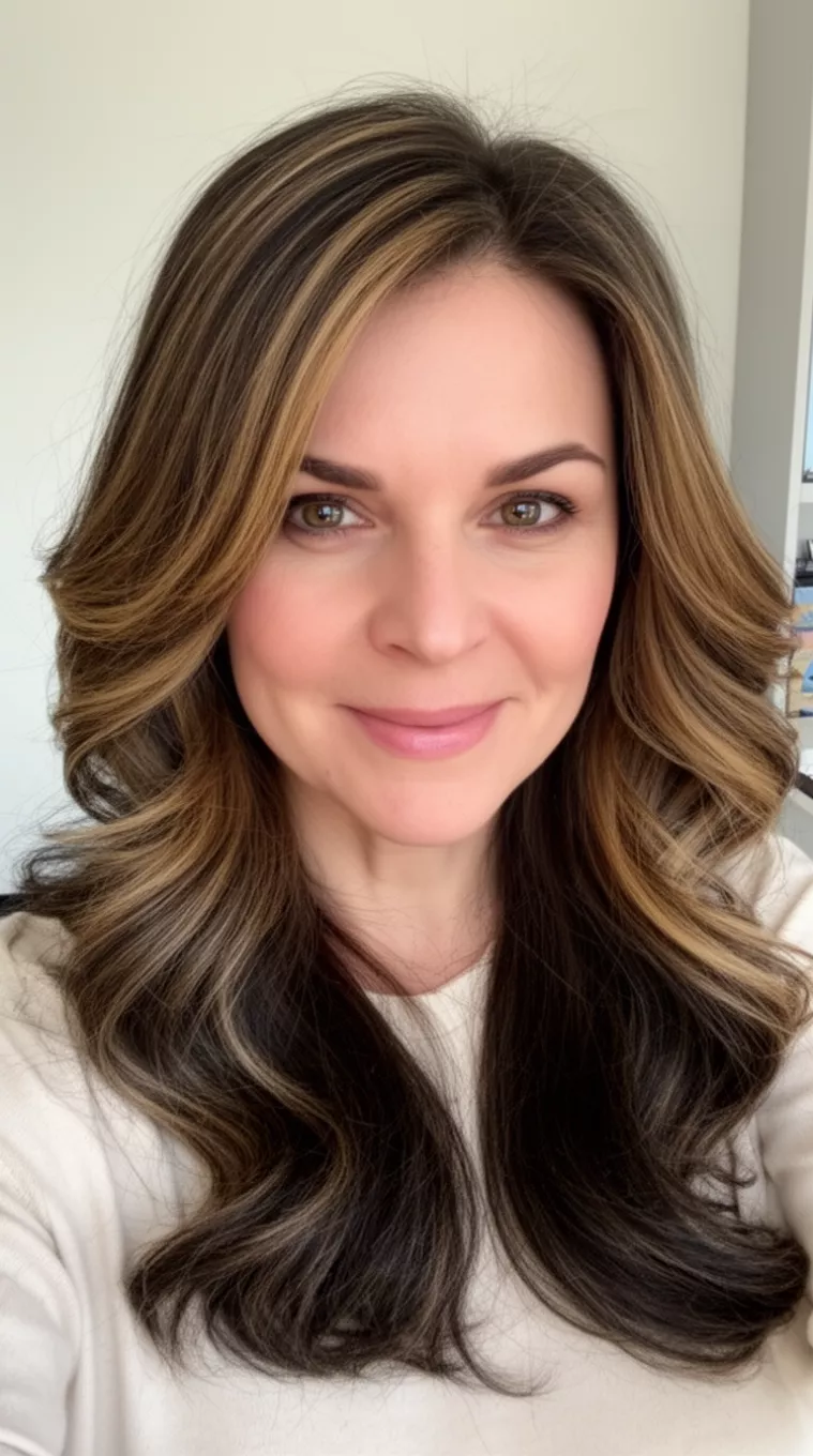 Layered Bronde Dimension selfie of a 37-year-old woman wearing a light top with a dark brown with light brown highlights colored long layered wavy hairstyle, front view, minimal background.