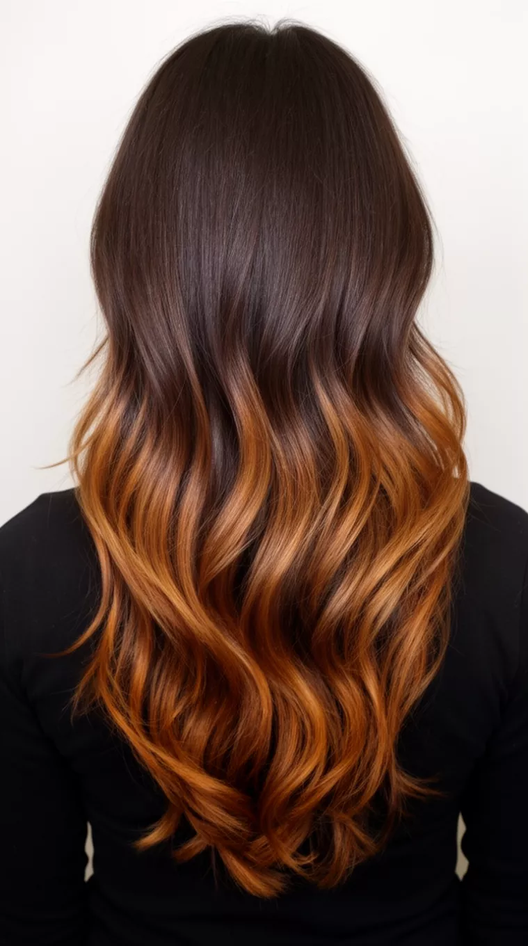 casual photo of a 32-year-old woman wearing a black top with a very long, layered dark brown hair with warm caramel highlights colored layered hairstyle, back view, minimal background.