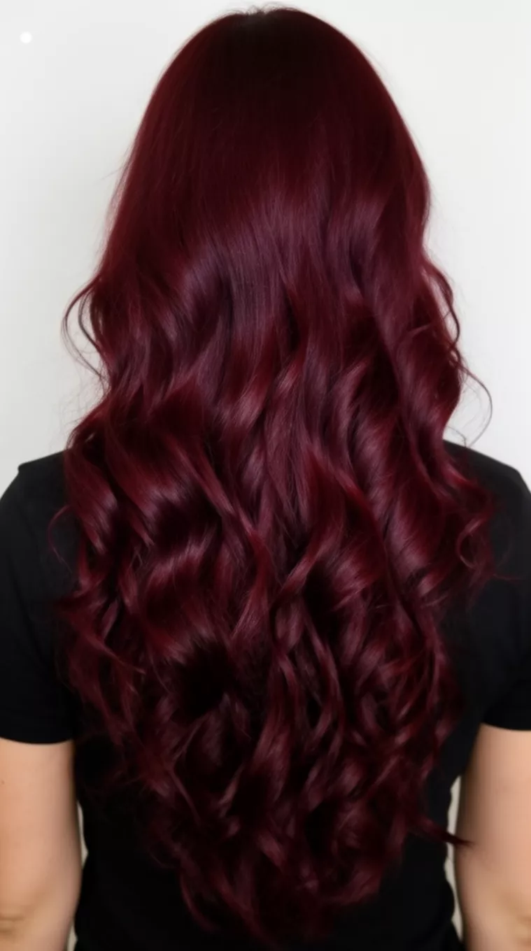 casual photo of a 28-year-old woman wearing a black top with a long, richly colored, deep burgundy hair colored loose, flowing waves hairstyle, back view, minimal background.