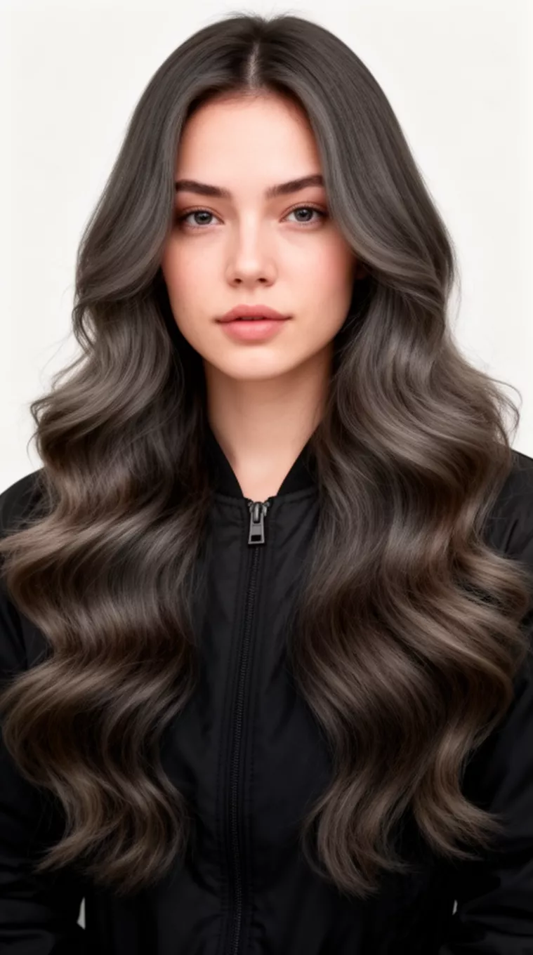 front view of a 29-year-old woman wearing a black jacket with a long, beautifully voluminous, dark ash-brown hair styled in large, soft waves colored wavy hairstyle, front view, minimal background.