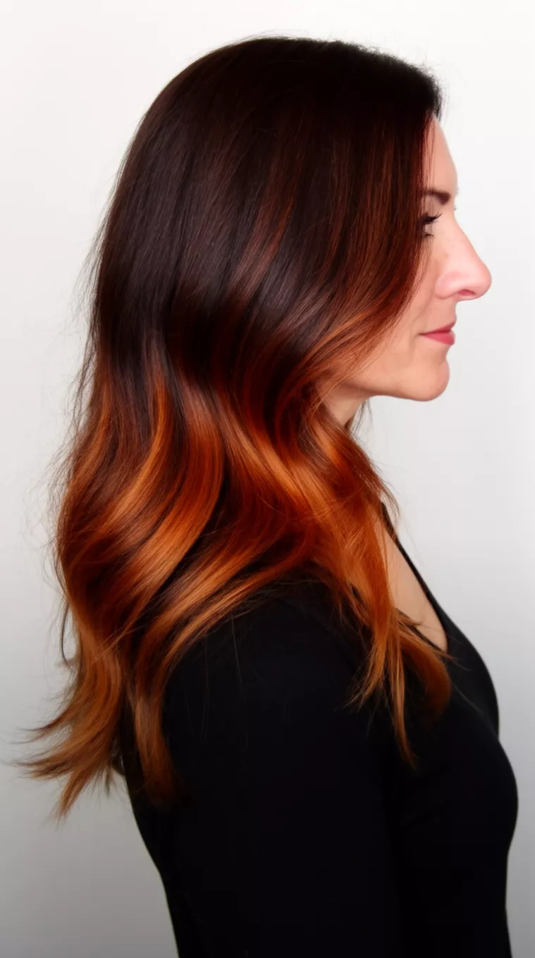 side view of a 46-year-old woman wearing a black top with a long, dark brown hair featuring warm auburn ombré highlights colored wavy hairstyle, side view, minimal background.