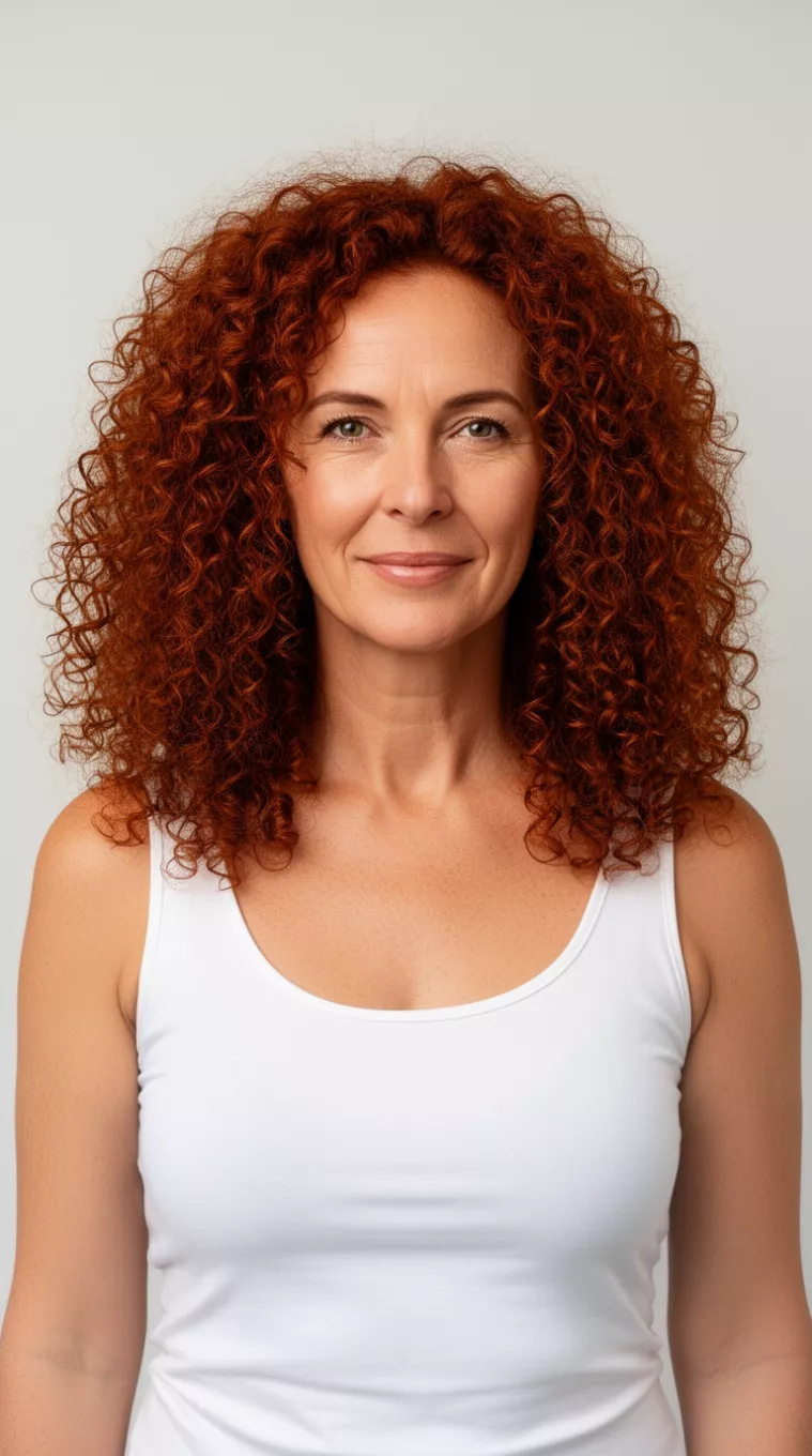 front view of a 47-year-old woman wearing a white tank top with a rich, reddish-brown defined curls colored curly hairstyle, front view, minimal background.
