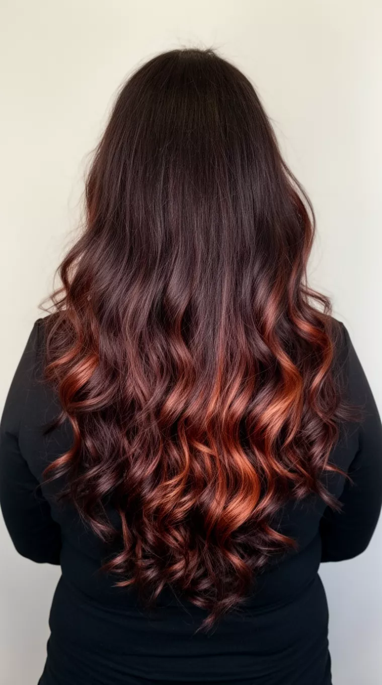 casual photo of a 44-year-old woman wearing a black top with a very long, dark brunette hair with warm, subtle reddish-brown highlights colored deep waves hairstyle, back view, minimal background.