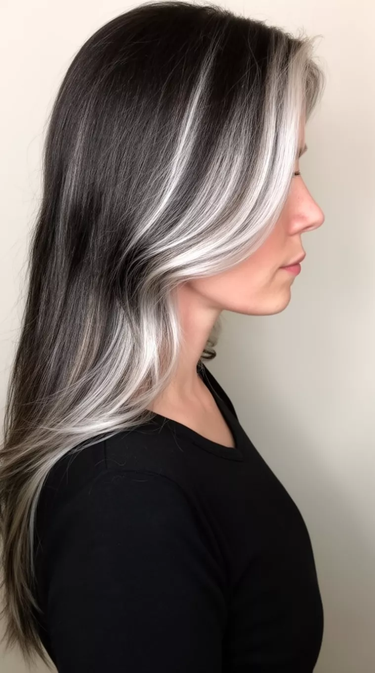 side view of a 30-year-old woman wearing a black top with a dark hair featuring strong, high-contrast ash blonde/silver face-framing highlights colored long hairstyle, side view, minimal background.
