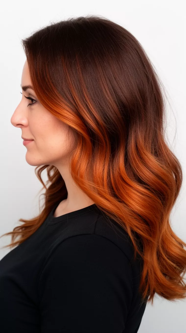 side view of a 37-year-old woman wearing a black top with a dark brown hair featuring warm copper highlights colored long, wavy hairstyle, side view, minimal background.
