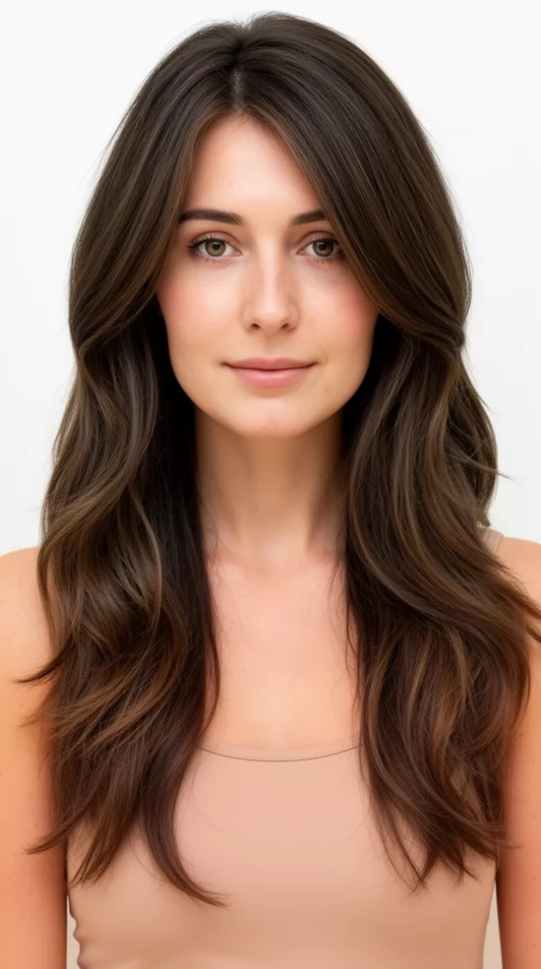 front view of a 36-year-old woman wearing a nude tank top with a long, dark brown hair styled with face-framing layers colored soft volume hairstyle, front view, minimal background.
