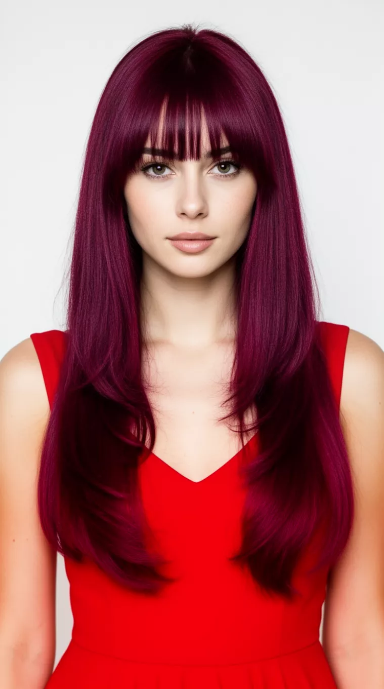 front view of a 27-year-old woman wearing a red dress with a long, vibrant, deep magenta/burgundy colored hair colored face-framing layers hairstyle, front view, minimal background.