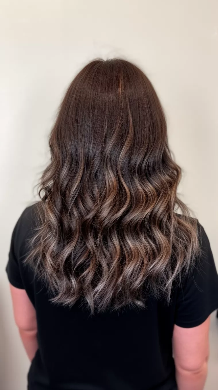 casual photo of a 35-year-old woman wearing a black top with a dark brown hair with subtle cool-toned highlights colored wavy hairstyle, back view, minimal background.