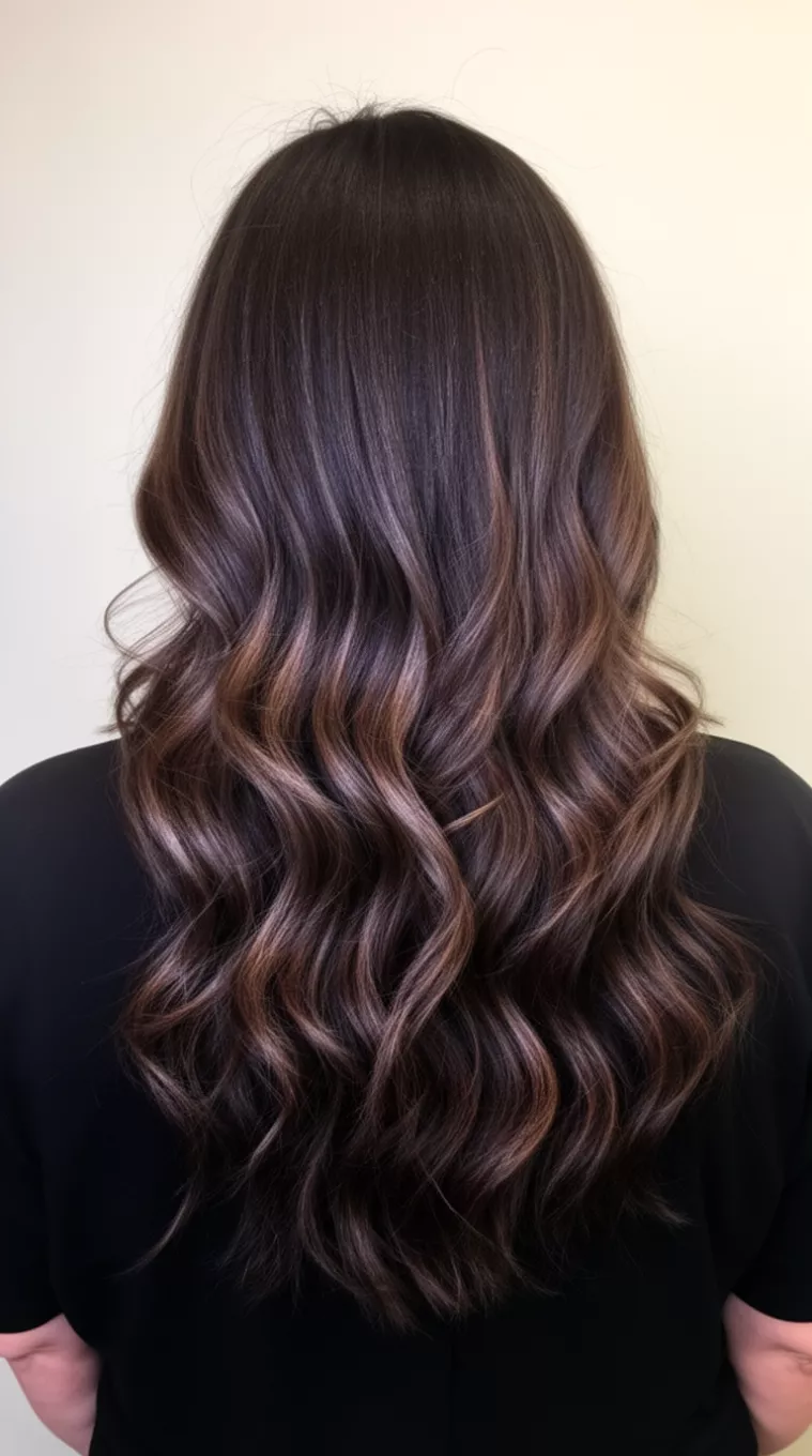 casual photo of a 45-year-old woman wearing a black garment with a dark brown hair with subtle cool-toned highlights colored very long, wavy hairstyle, back view, minimal background.