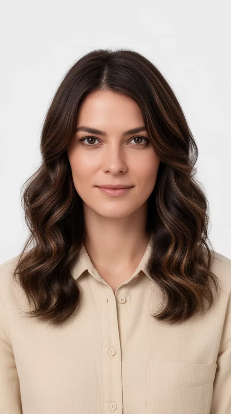 front view of a 33-year-old woman wearing a light beige collared shirt with a medium-long, dark brown wavy hair featuring face-framing layers colored wavy hairstyle, front view, minimal background.