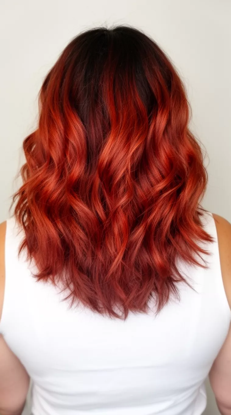 casual photo of a 41-year-old woman wearing a white top with a chocolate brown base with vibrant copper-red highlights colored medium-length, wavy hairstyle, back view, minimal background.