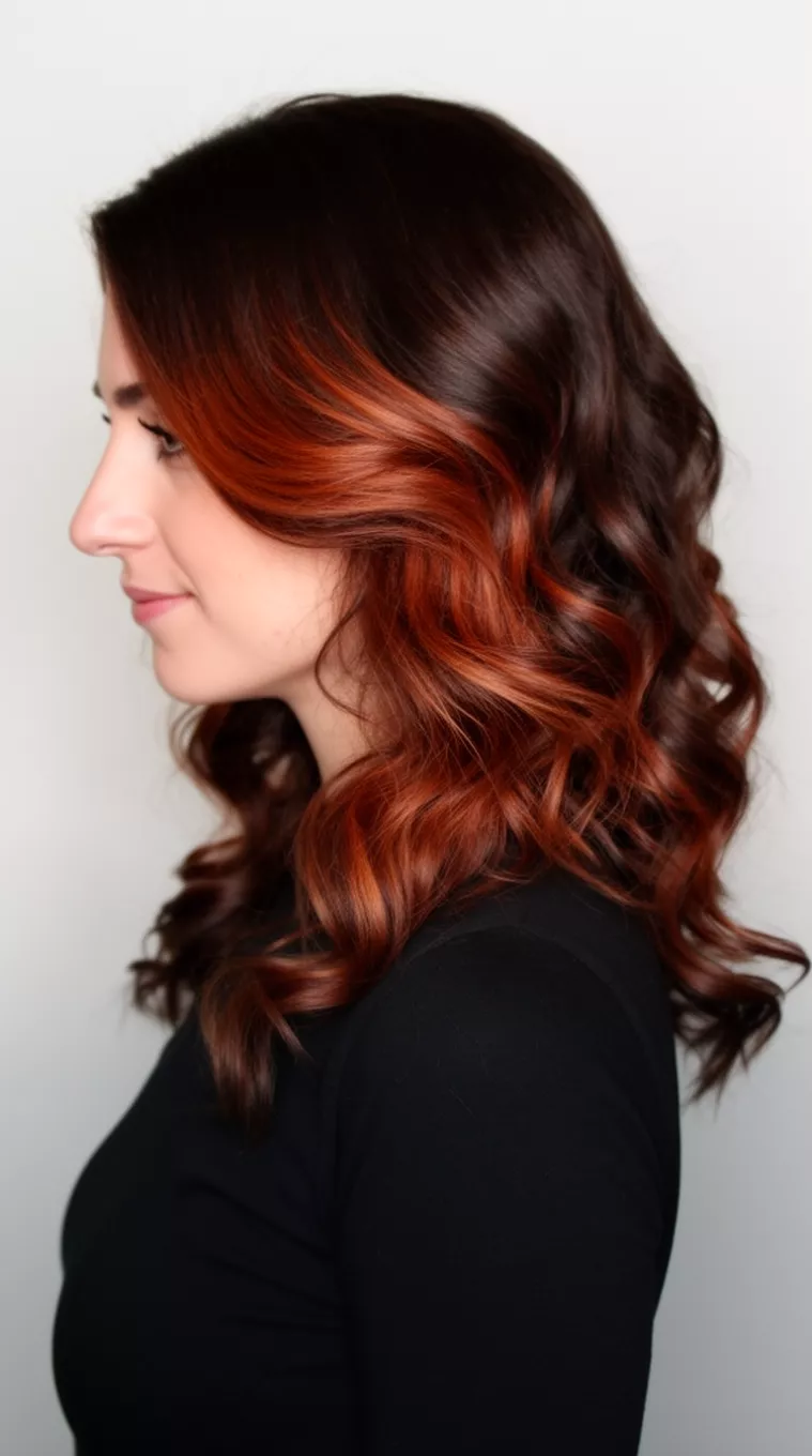side view of a 39-year-old woman wearing a black top with a dark brown hair styled in voluminous waves with rich auburn balayage highlights colored wavy hairstyle, side view, minimal background.