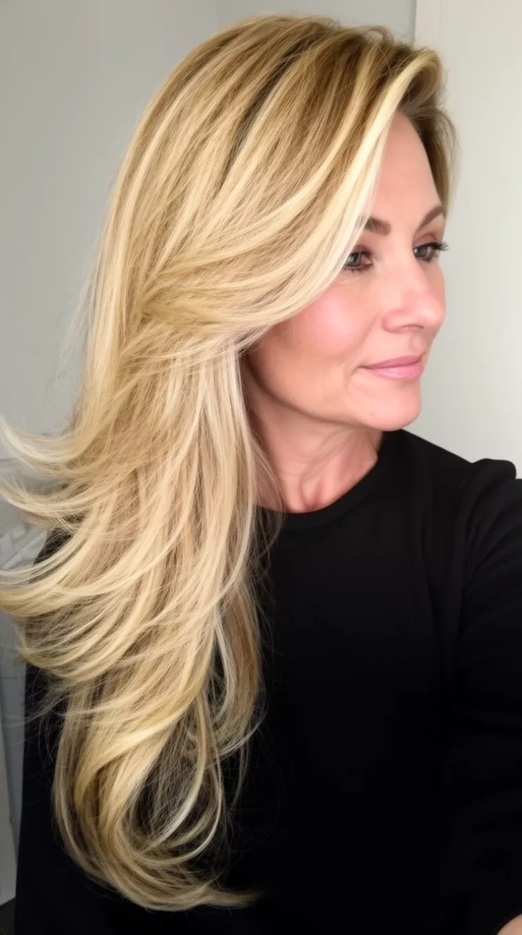 selfie of a 45-year-old woman wearing a black top with a blonde hair showing highlights colored very long, voluminous, layered hairstyle, side view, minimal background.