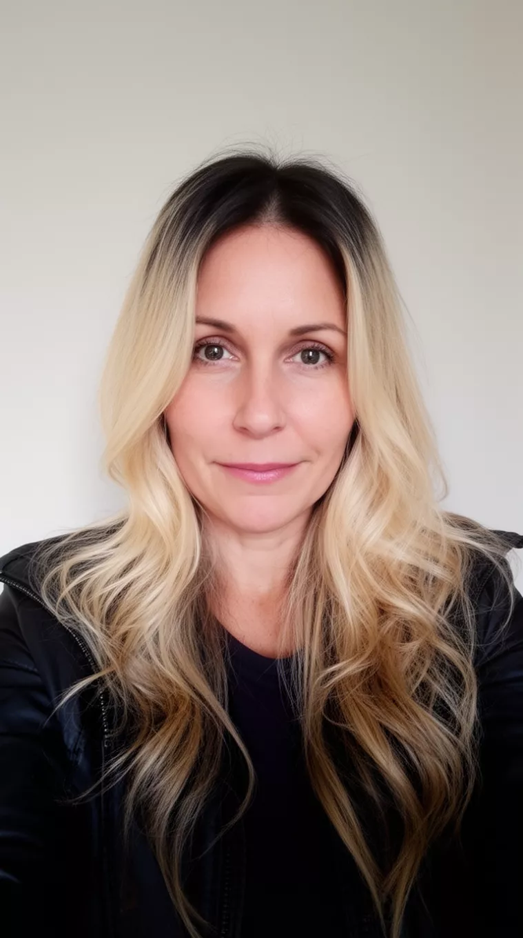 selfie of a 38-year-old woman wearing a black jacket over a dark top with a blonde hair with dark roots colored long, wavy hairstyle, front view, minimal background.