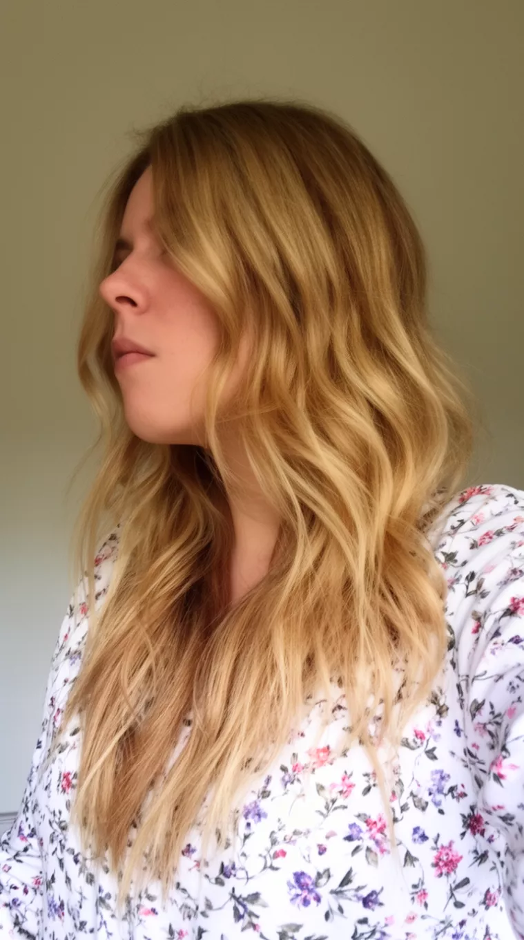 selfie of a 29-year-old woman wearing a white floral print top with a honey-blonde colored long, wavy hairstyle, side view, minimal background.