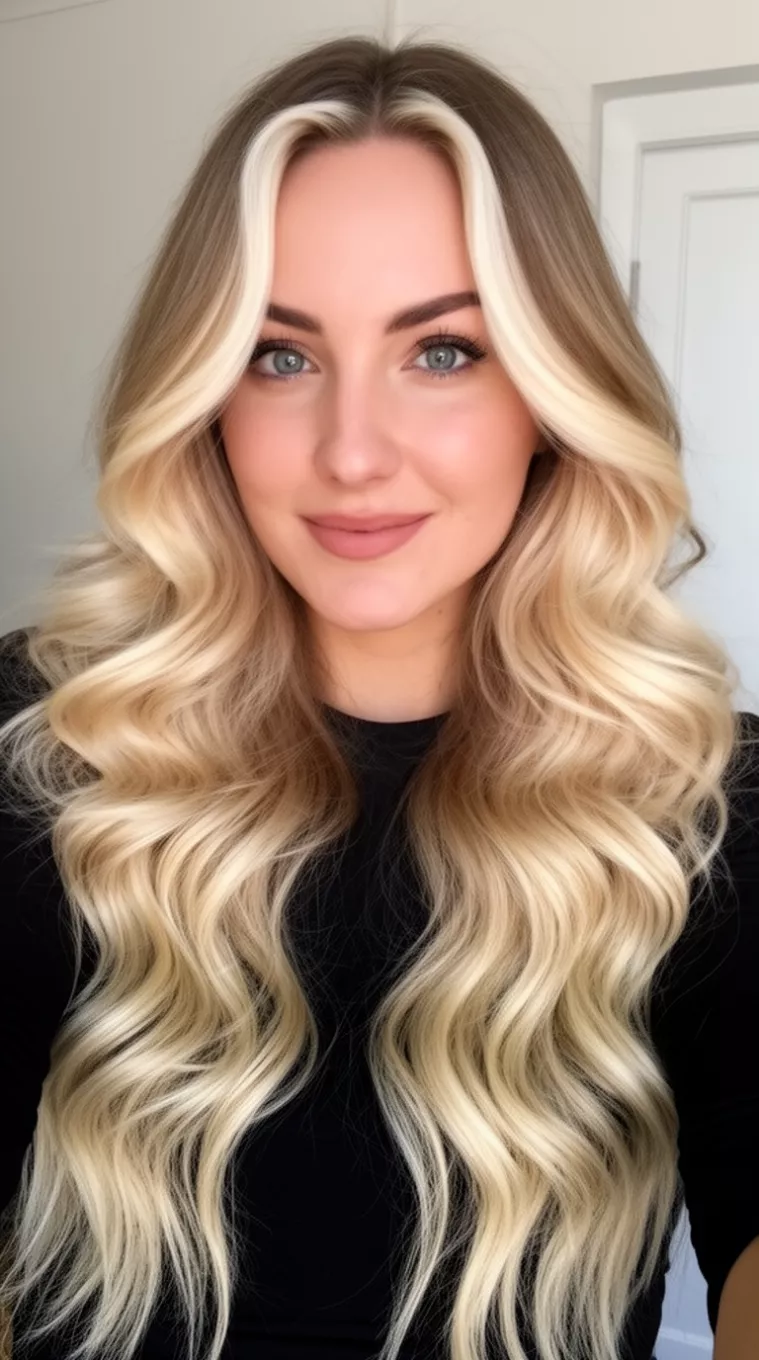 selfie of a 30-year-old woman wearing a black top with a blonde hair with strong light blonde face-framing highlights colored very long, voluminous, wavy hairstyle, front view, minimal background.