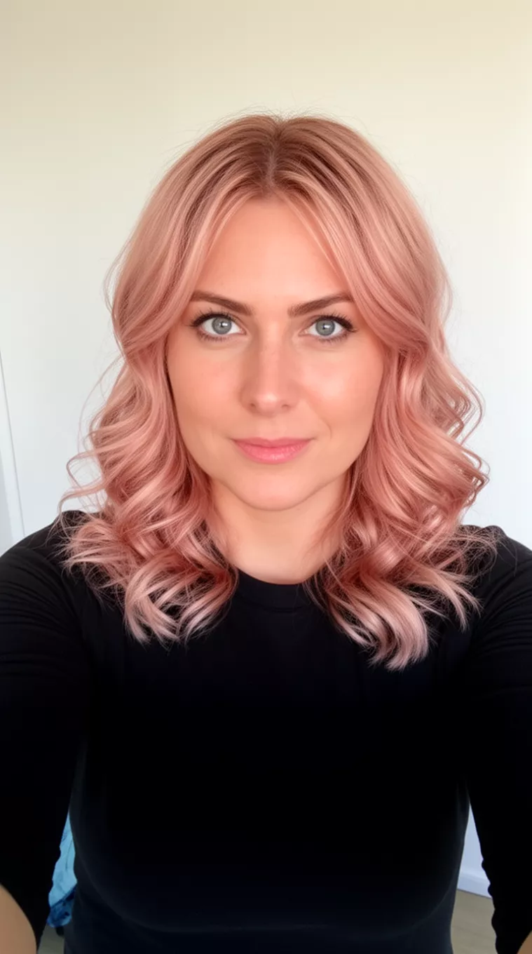 selfie of a 32-year-old woman wearing a black top with a rose gold colored medium-length, wavy hairstyle, front view, minimal background.