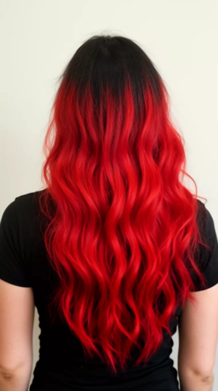 casual photo of a 30-year-old woman wearing a black top with a dark roots to bright fire-engine red colored long wavy hairstyle, back view, minimal background.