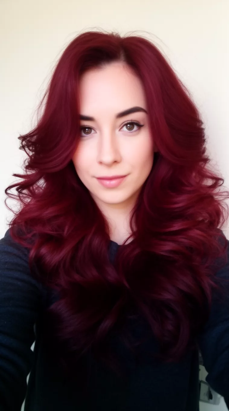 selfie of a 27-year-old woman wearing a dark top with a deep burgundy colored voluminous wavy hairstyle, front view, minimal background.
