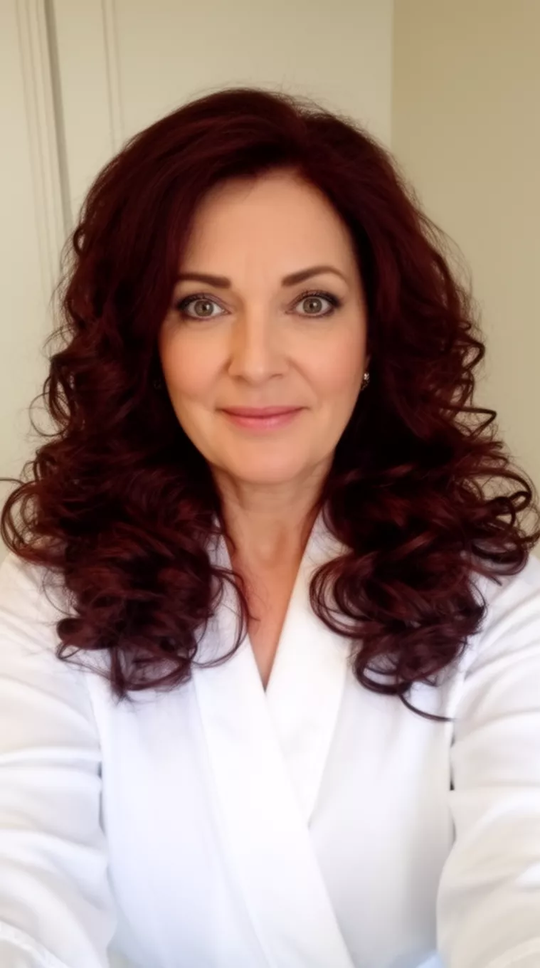 selfie of a 40-year-old woman wearing a white robe with a dark reddish-brown colored voluminous wavy hairstyle, front view, minimal background.
