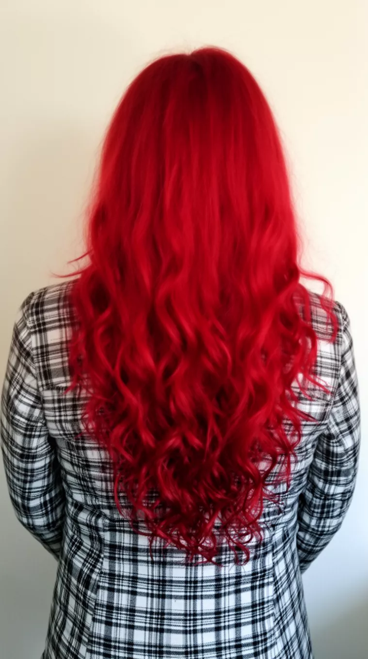 casual photo of a 45-year-old woman wearing a black and white plaid jacket with a vibrant red colored long wavy hairstyle, back view, minimal background.