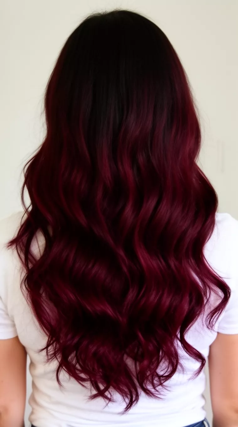 casual photo of a 32-year-old woman wearing a white top with a dark roots to rich burgundy colored long wavy hairstyle, back view, minimal background.