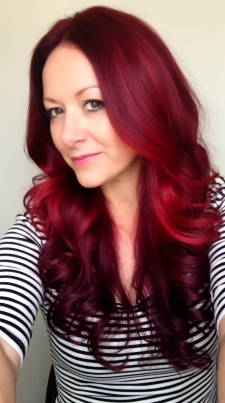 selfie of a 39-year-old woman wearing a striped top with a burgundy with red highlights colored long voluminous hairstyle, side view, minimal background.