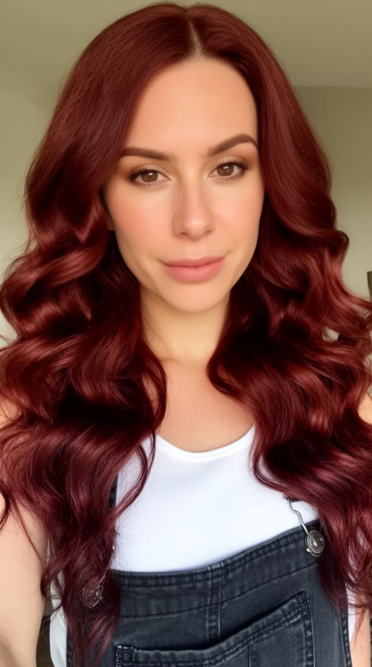 selfie of a 33-year-old woman wearing a white top and dark overalls with a rich mahogany colored very long wavy hairstyle, front view, minimal background.