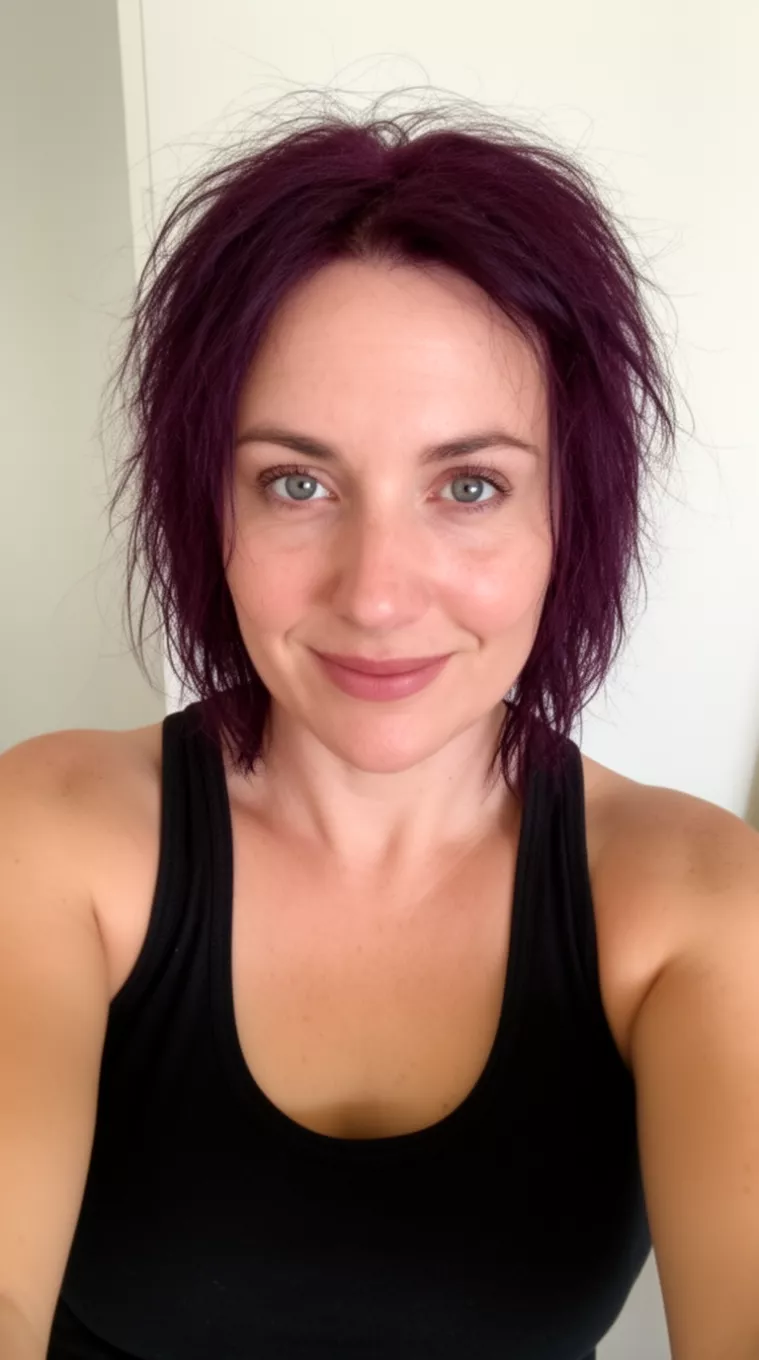 selfie of a 34-year-old woman wearing a black tank top with a dark aubergine colored slightly messy hairstyle, front view, minimal background.