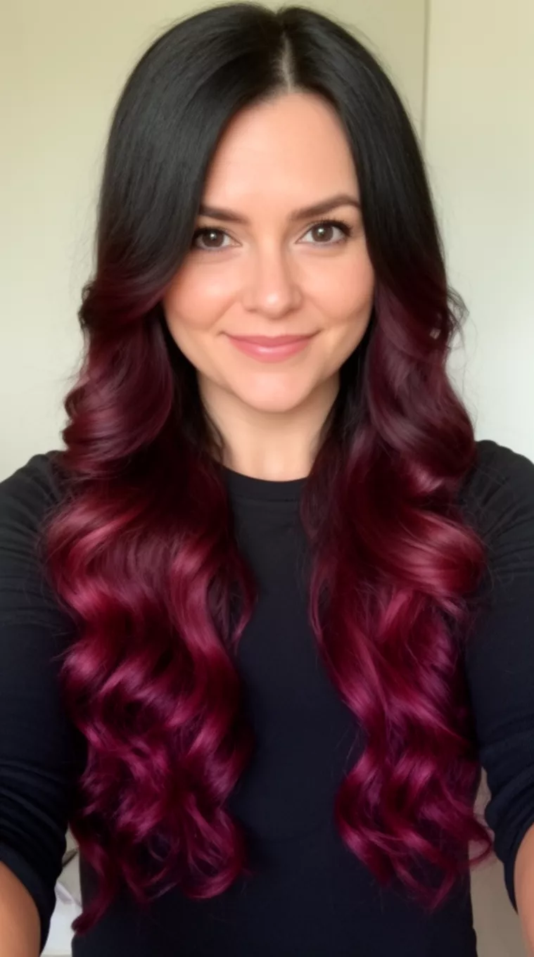 selfie of a 37-year-old woman wearing a black top with a dark hair with burgundy ombre colored long wavy hairstyle, front view, minimal background.