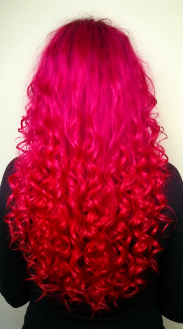 casual photo of a 31-year-old woman wearing a black top with an intense bright magenta-red colored long curly hairstyle, back view, minimal background.