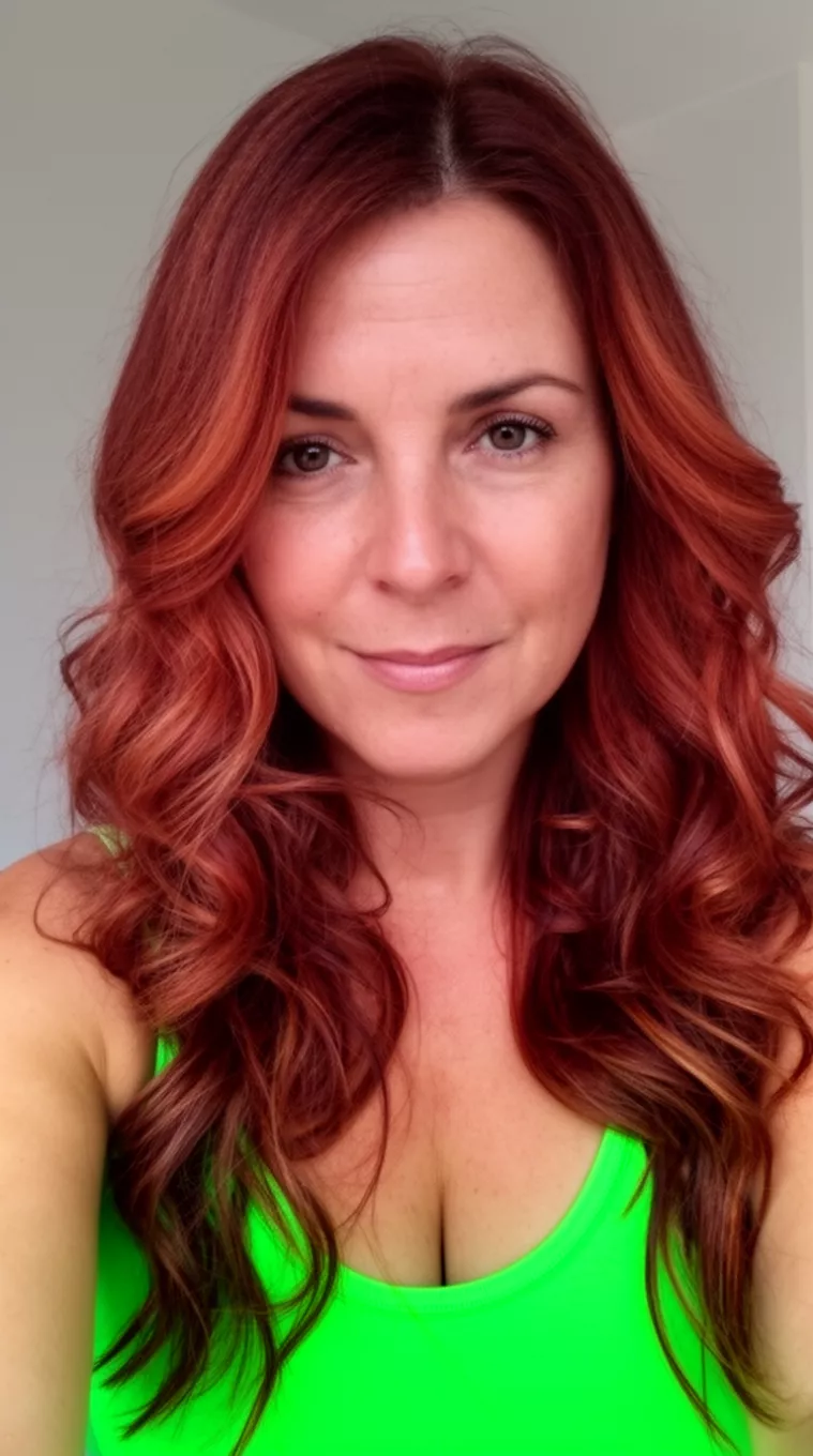 selfie of a 35-year-old woman wearing a bright green tank top with a rich reddish-brown with highlights colored long wavy hairstyle, front view, minimal background.
