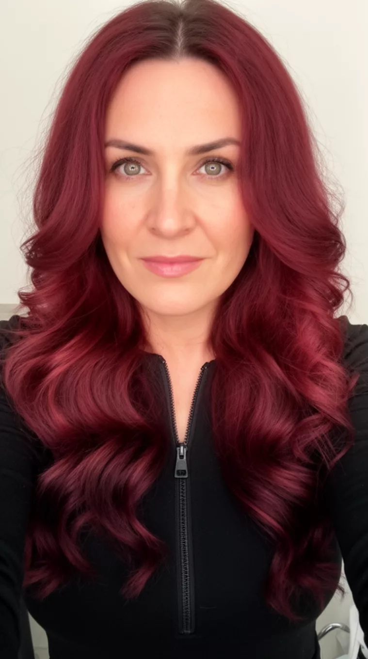 selfie of a 36-year-old woman wearing a black zip-up top with a deep reddish-maroon colored long wavy hairstyle, front view, minimal background.
