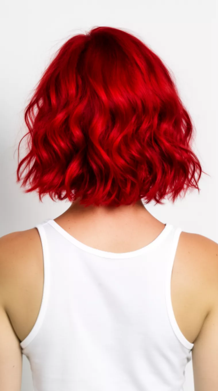 casual photo of a 30-year-old woman wearing a white tank top with a vivid red colored short wavy hairstyle, back view, minimal background.