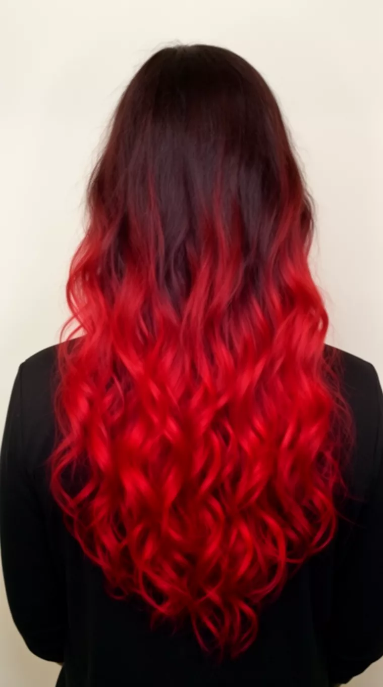 casual photo of a 38-year-old woman wearing a black top with a dark fade to vibrant red colored long wavy hairstyle, back view, minimal background.