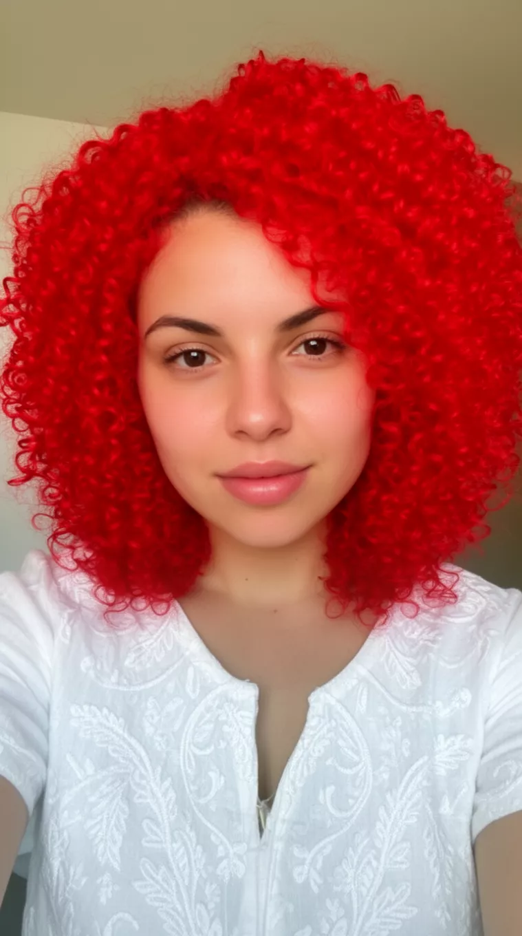 selfie of a 29-year-old woman wearing a white embroidered top with a bright red colored intensely curled hairstyle, front view, minimal background.