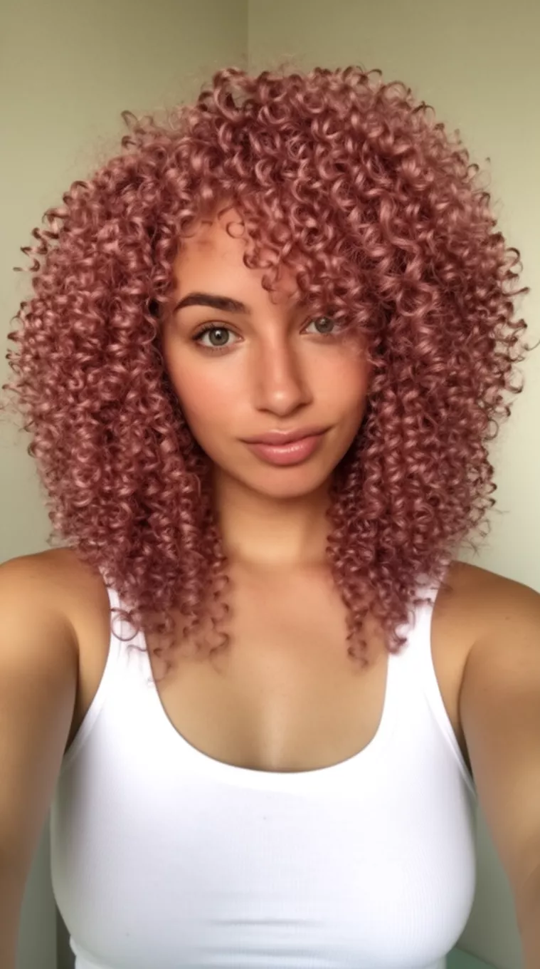 selfie of a 27-year-old woman wearing a white tank top with a muted rose tight curls colored voluminous, tightly curled hairstyle, front view, minimal background.
