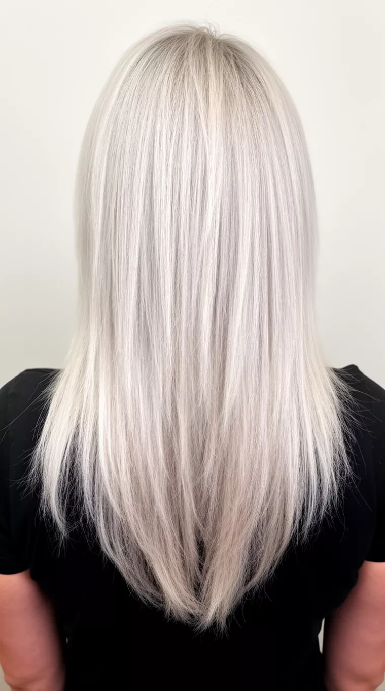 casual photo of a 31-year-old woman wearing a black top with a platinum v cut layers colored long, straight, platinum blonde hairstyle, back view, minimal background.