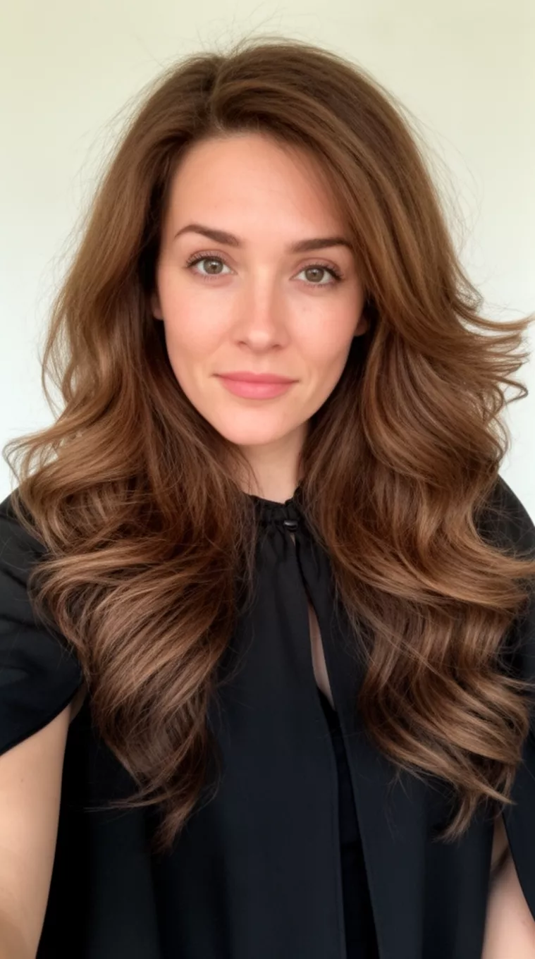 selfie of a 30-year-old woman wearing a black cape with a heavy layered mocha colored long, heavily layered brown hairstyle, front view, minimal background.