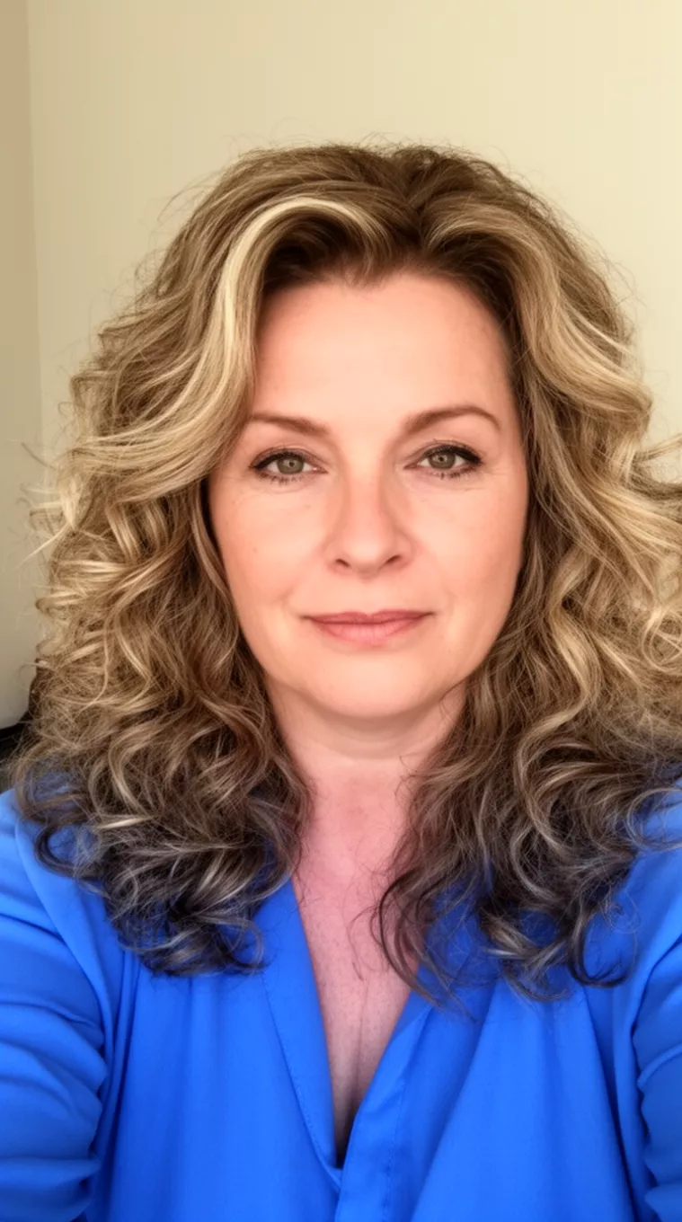 selfie of a 48-year-old woman wearing a blue blouse with a muted brown and blonde mix colored voluminous, wavy hair, front view, minimal background.