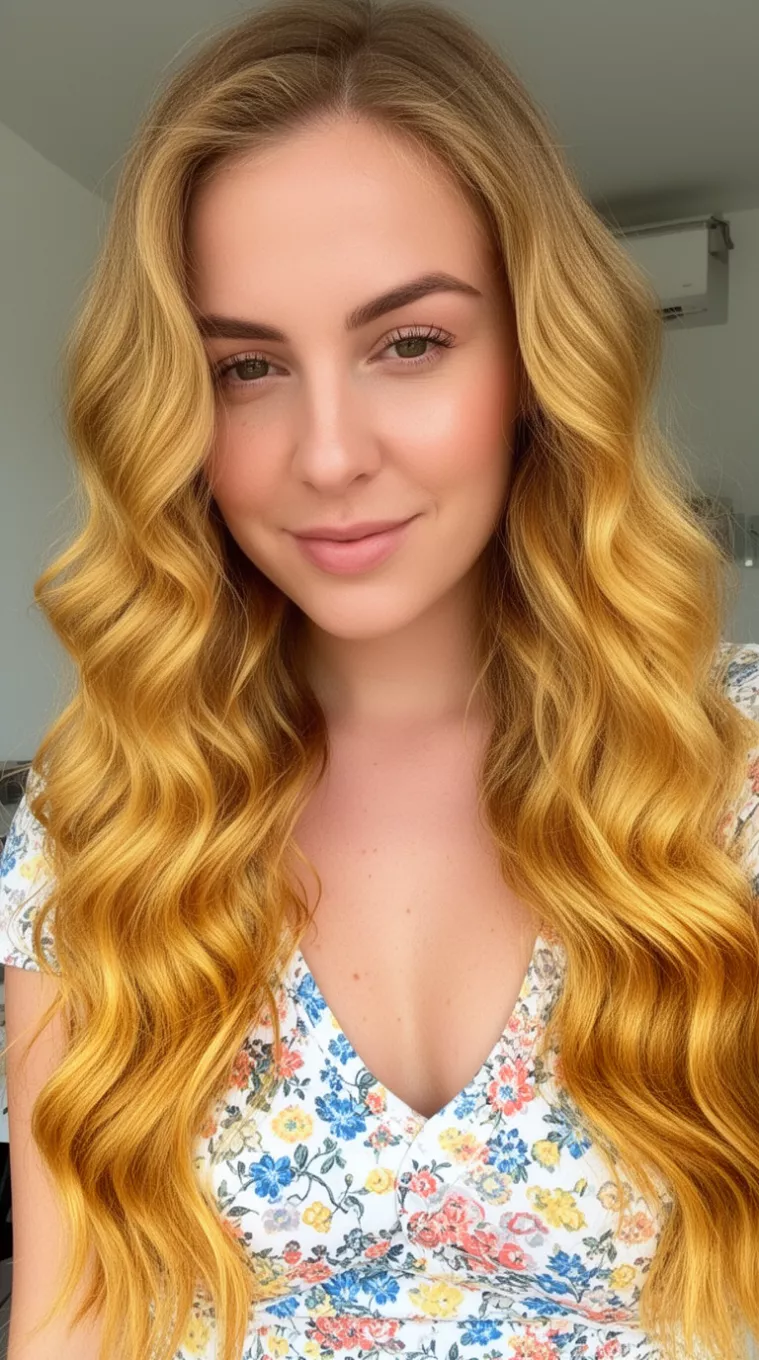 selfie of a 30-year-old woman wearing a floral top with a bright golden beach waves colored long, wavy hairstyle, front view, minimal background.
