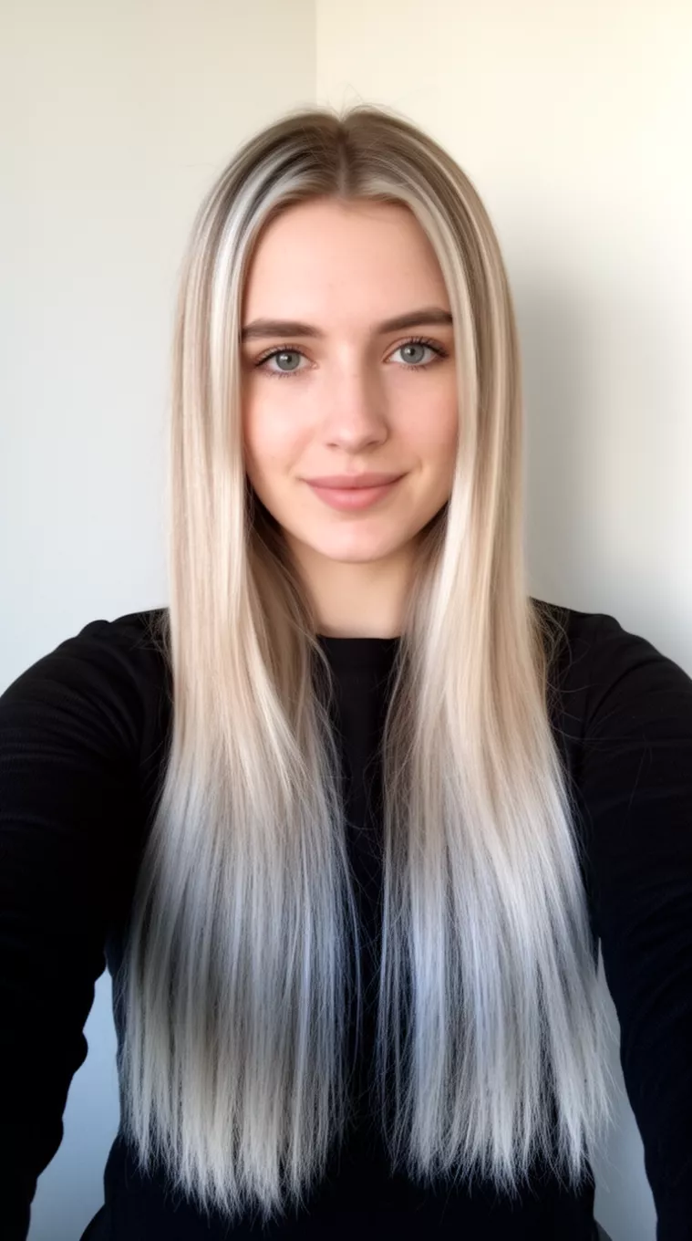 selfie of a 29-year-old woman wearing a black top with a cool toned platinum highlights colored long, straight blonde hairstyle, front view, minimal background.