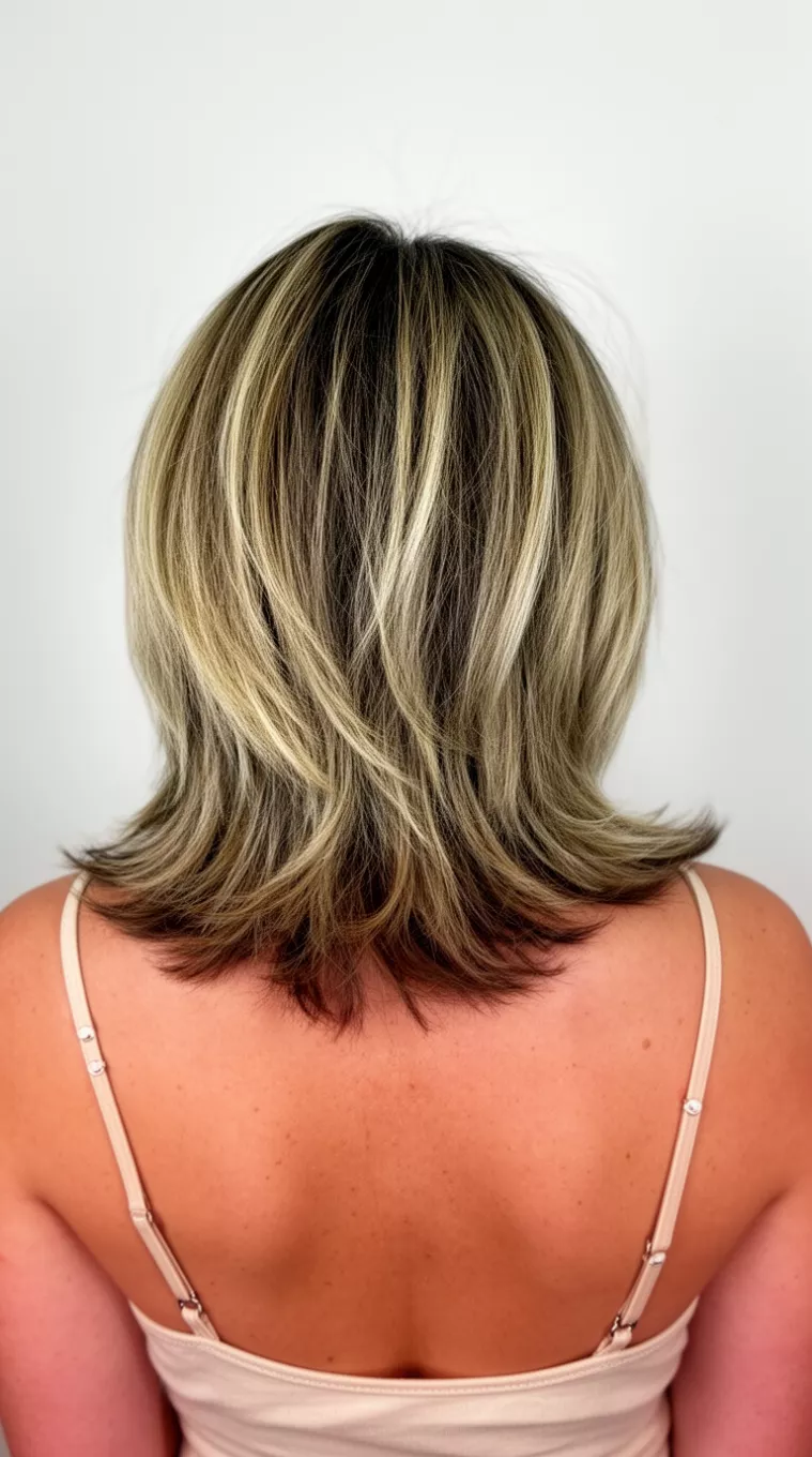casual photo of a 37-year-old woman wearing a light strap top with a blonde highlighted layers colored medium-length layered hairstyle, back view, minimal background.