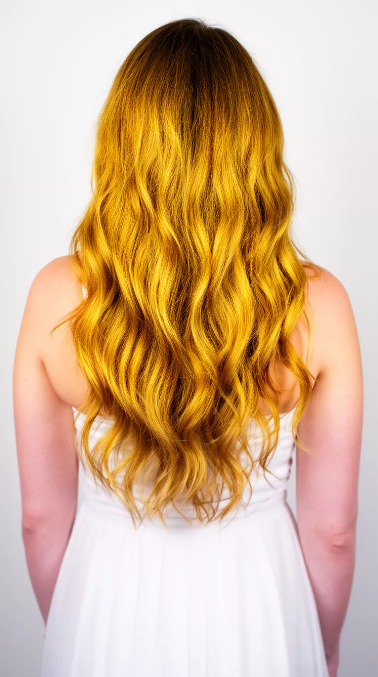 casual photo of a 32-year-old woman wearing a white dress with a bright golden back view colored very long, wavy hairstyle, back view, minimal background.